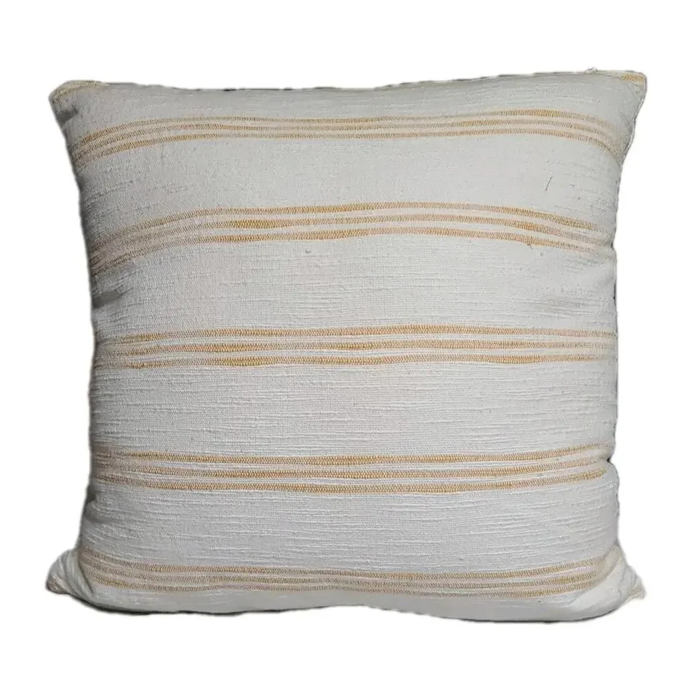 Anthropologie Pom Pom Throw Pillow White W/Gold Stripes 20x20 Zippered Decor EUC